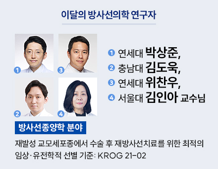 [이달의 방사선의학 연구자][방사선종양학 분야] 연세대 박상준, 충남대 김도욱, 연세대 위찬우, 서울대 김인아 교수님
